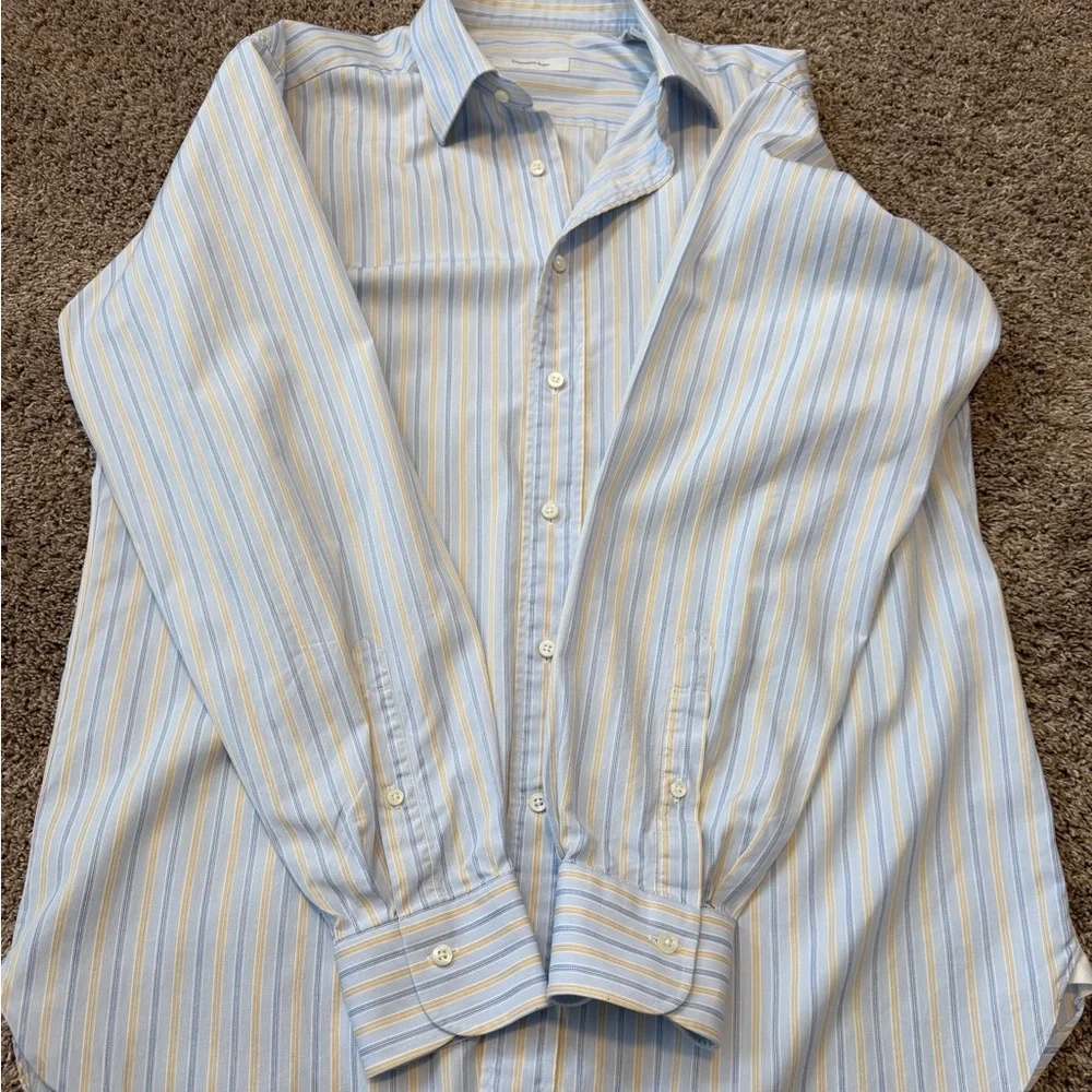 Ermenegildo Zegna Light Blue Yellow Stripe Dress Shirt 16.5 Cotton Portofino - Picture 7 of 11